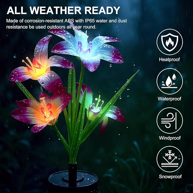 Solar Flowers Lights - Upgraded Outdoor Lily Flowers Lights, 7-Color Changing & Waterproof Outdoor Solar Lights for Garden, Patio, Backyard,Party and Office (Lily, 4)