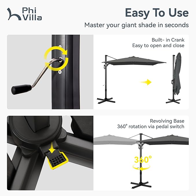 PHI VILLA 10ft Cantilever Patio Umbrella with Crank Handle, 7-Level Tilt & 360° Rotation, Aluminum Square Outdoor Offset Umbrella Windproof & Crashproof for Garden, Deck, Pool (Grey)