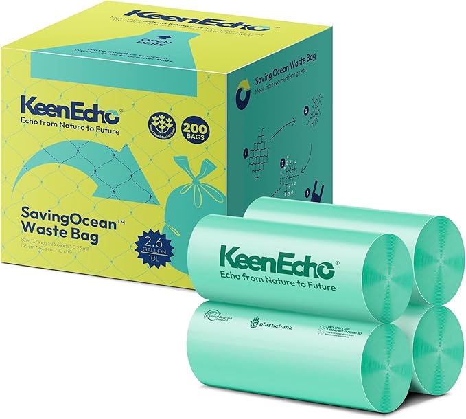 2.6 Gallon 200 Counts Small Green Trash Bags with Handle, Ocean Fishing Nets Upcycling, Sage & Sea Salt Scented, Plastic Garbage Bags, Waste Bag for Kitchen, Bathroom, Office and Pets