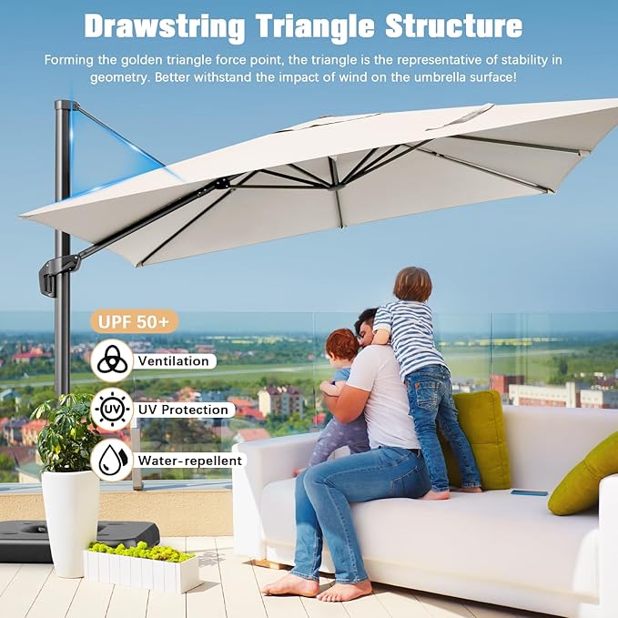 Hotime 10ft Patio Umbrella Outdoor Patio Windproof and Height adjustable, Heavy Duty Aluminum Square Offset Patio Umbrella Cantilever Pool Umbrella with 360°Rotation for Garden Deck Pool, Beige
