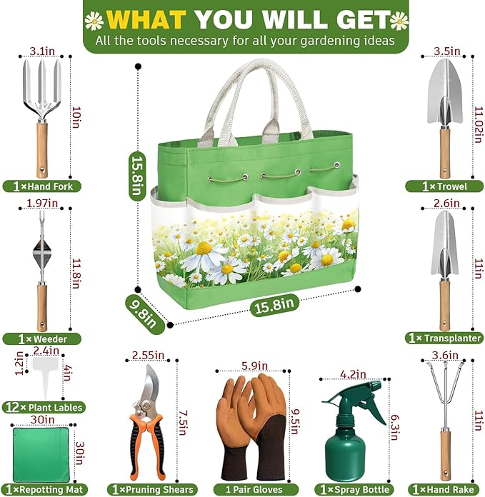 22PCS Ergonomic Garden Tools Set for Women,Heavy Duty Hand Tool Kit Included Handy Tote Bag/Trowel/Pruning Shears/Rake/Pruner/Gloves/Plant Tags,Garden Supplies Gardening Gifts for Gardeners Beginners