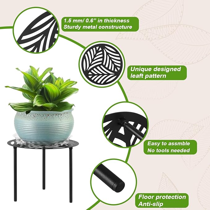 5-Pack 12 Inches Large Heavy-duty Metal Plant Stands Flower Pot Holder for Indoor Outdoor Rust-proof Potted Planter Riser Modern Round Corner Stand Shelf for Living Room Patio Garden Yard, Black, 12" D x 12" H