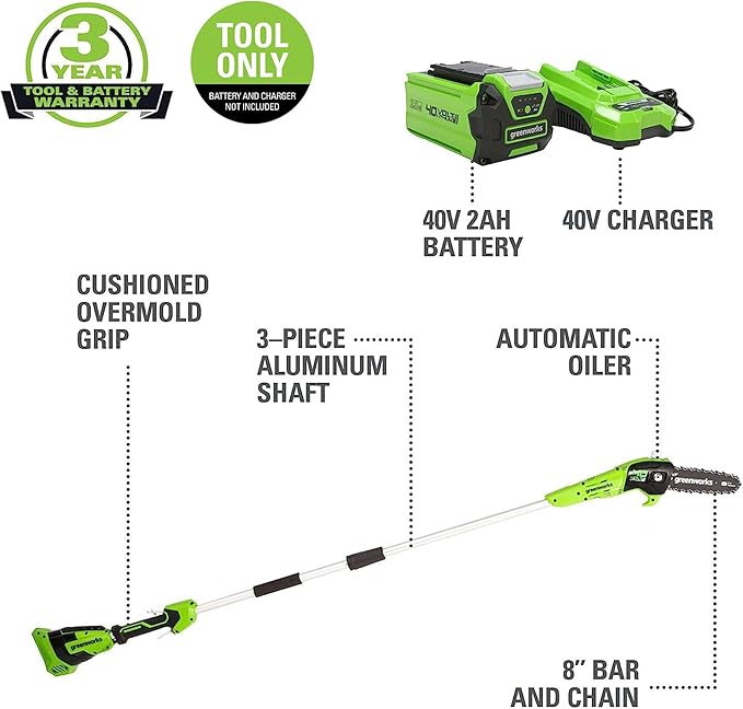 Greenworks 40V 8 inch Cordless Pole Saw Battery and Charger Not Included, PS40B00