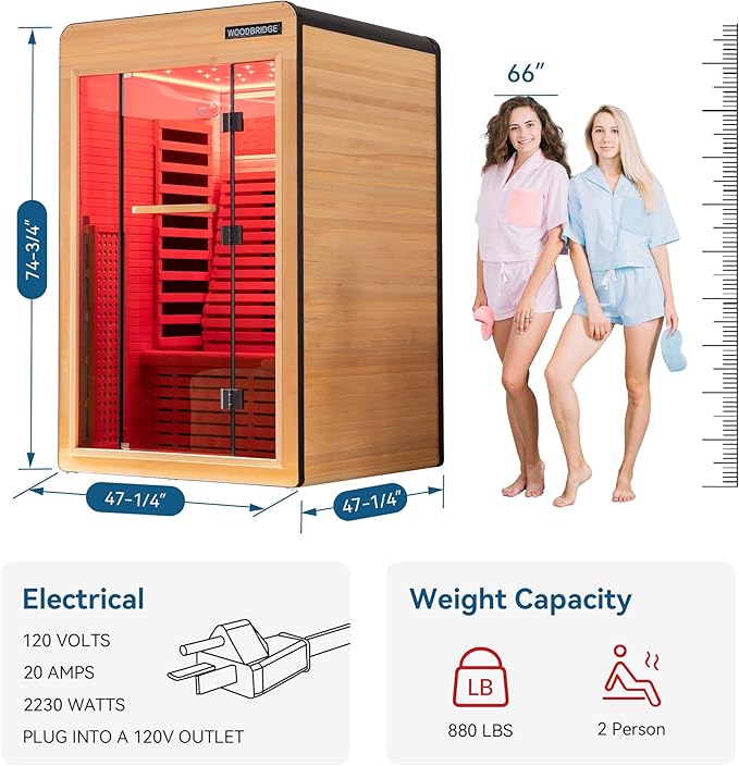 Woodbridge Infrared Home Sauna Room 2 Person Hemlock Wooden Indoor Sauna,7 Carbon 2230W/120V Heaters,with Led Color Therapy Light,Bluetooth Speaker,Tempered Glass,Touch-Tone Keypad and A Top Vent