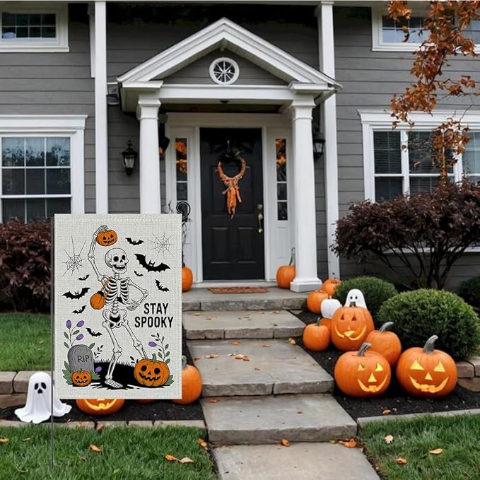 HTBIG Funny WSkeleton Halloween Garden Flag, Spooky Halloween Garden Flag, Yard Flags for Outside 12x18 inch, Outside Yard for Home Decorations