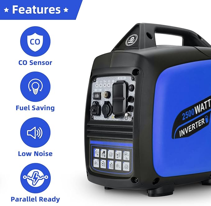 Portable Inverter Generator 2500W Gas Powered, Quiet Generators for Home Use, Camping, Emergency Home Backup, Parallel Ready, with CO Sensor and Fuel Gauge, EPA Compliant, Blue