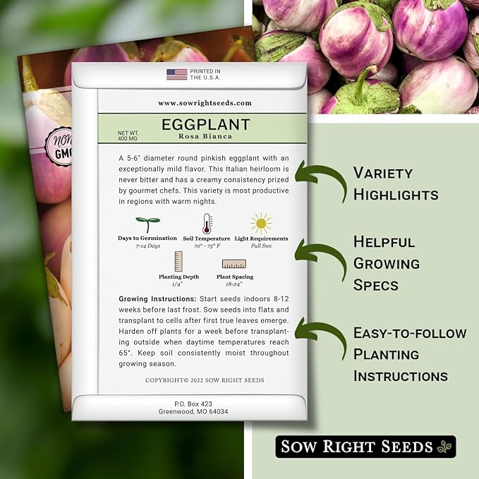 Sow Right Seeds - Rosa Bianca Eggplant Seed for Planting - Productive Variety Prized by Chefs - Non-GMO Heirloom Packet with Instructions to Plant an Outdoor Home Vegetable Garden - Pink and White (1)