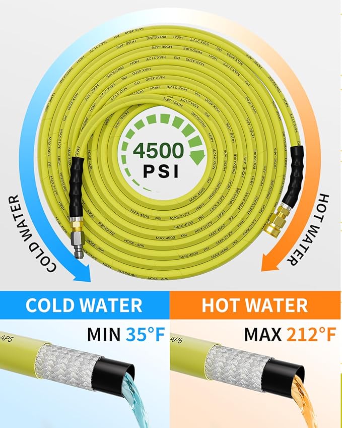 Pressure Washer Hose 125FT 3/8" for Cold and Hot Water 212°F, with Swivel Quick Connect, 4500PSI Kink Resistant Grade Steel Wire Braided, Power Washer Hose With 2pcs M22-14mm Adapter