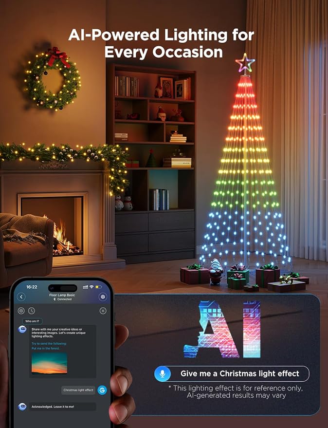 Govee Christmas Cone Tree Lights, 6ft 316 LEDs RGBIC Christmas Tree Lights with Smart App Control, IP67 Waterproof Outdoor String Lights for Xmas Decorations, 82+ Scene Modes, Music Sync, White Stand