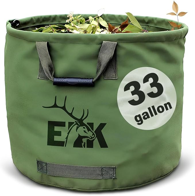 ELK 33-Gallon Non Self-Standing Multipurpose Garden Leaf Waste Bag - Durable Canvas for Yard Cleaning, Harvesting, and Storage - Heavy Duty with Rubber Handles and PVC Elastic Bone - 22" W x 18" H