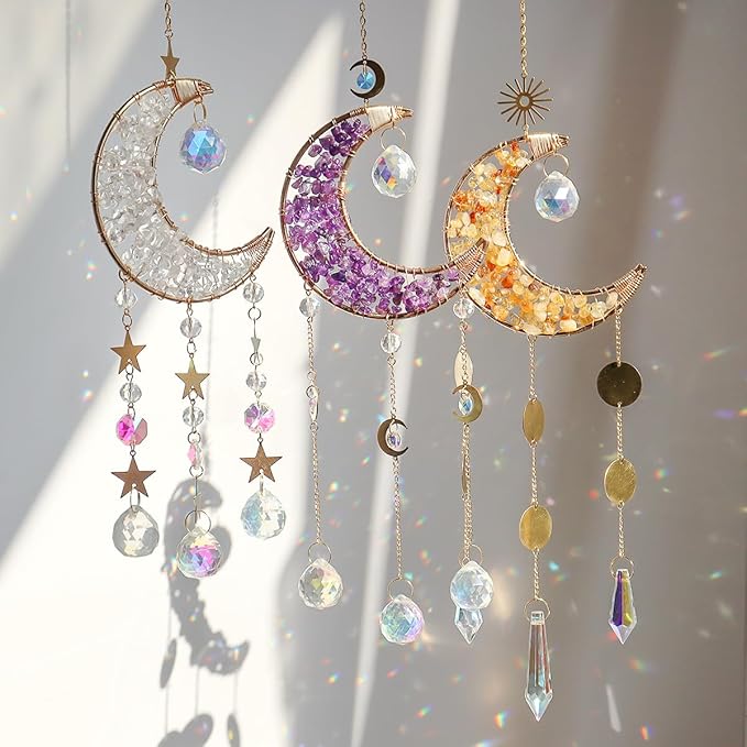 Moon Suncatcher Hanging Decor, Boho Chic Citrine Crystal Sun Catcher, Spritual Sun Light Catcher for Windows, Crescent Moon Housewarming Gift (Citrine)