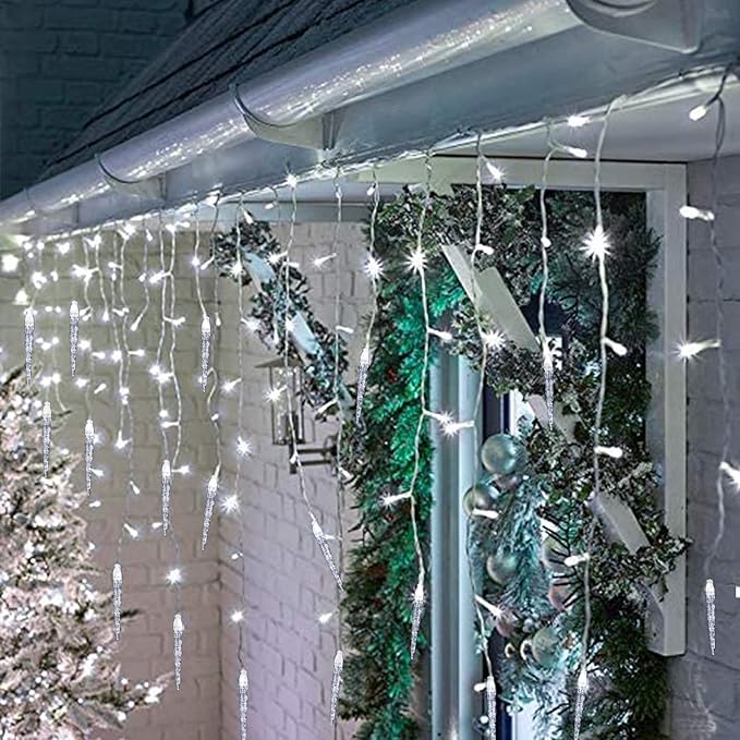 Icicle Christmas Lights, 29.5ft 360 LED Connectable Icicle String Lights with 60 Drops, Window Curtain Fairy Light with 8 Modes, Christmas Fairy Twinkle Light for Garden Eaves Xmas Decorations (White)