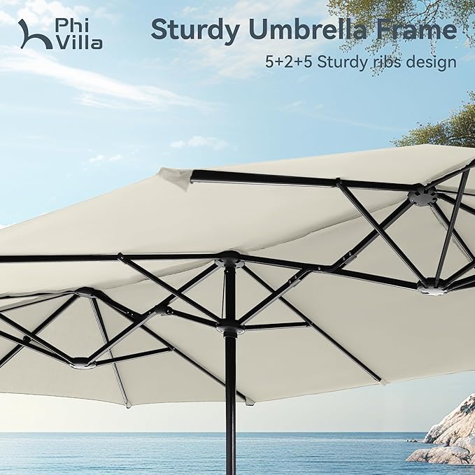 PHI VILLA 13ft Large Patio Umbrellas, Double-Sided Outdoor Market Rectangle Umbrella for Outside, Ivory