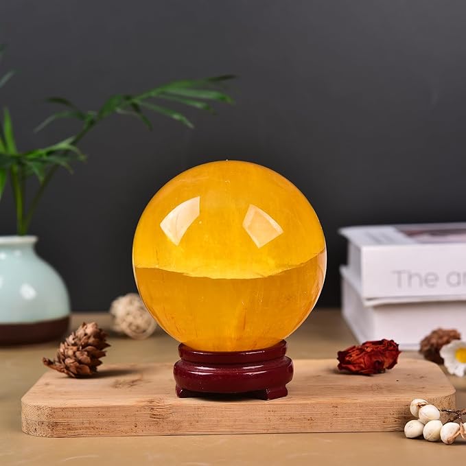 JIC Gem Large Yellow Fluorite Crystal Sphere Ball with Wooden Stand Yellow Healing Crystal Decorative Ball 90-100mm