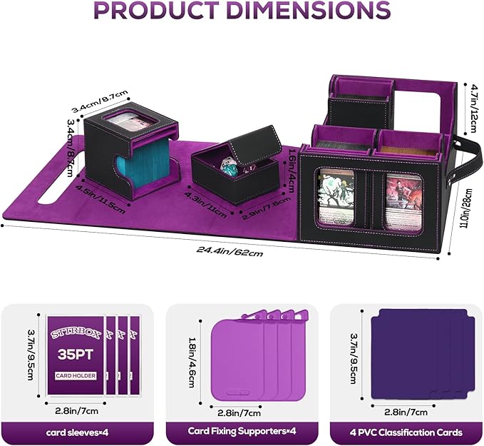 Trading Card Storage Box for MTG, card storage box with Commander Display，Multi-purpose Deck Case for MTG TCG Sports Card, 4 Toploaders, 4 Stoppers, 4 Colorful Dividers (Black & Purple)