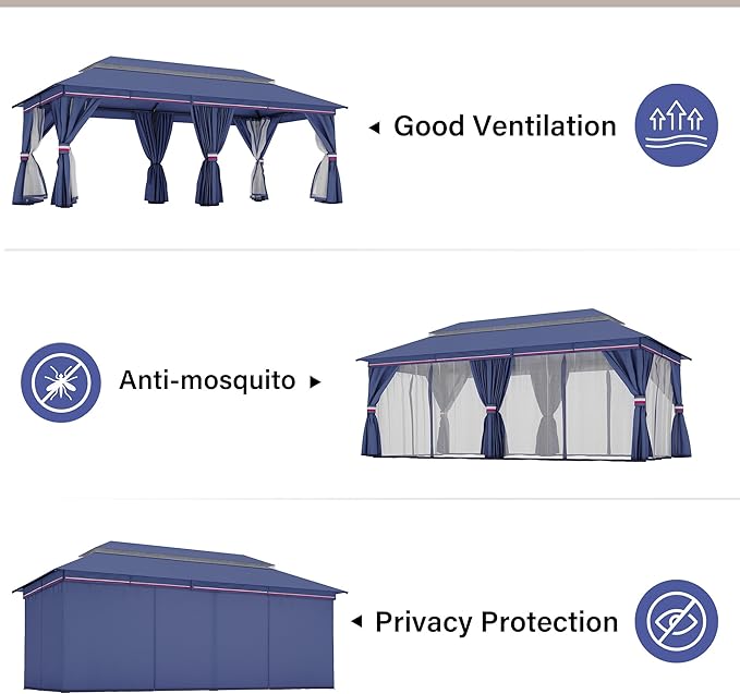LAUSAINT HOME Outdoor Patio Gazebo 10'x20' with Expansion Bolts, Heavy Duty Party Tent & Shelter with Double Roofs, Mosquito Nettings and Privacy Screens for Backyard, Garden, Lawn, Elegant Navy Blue