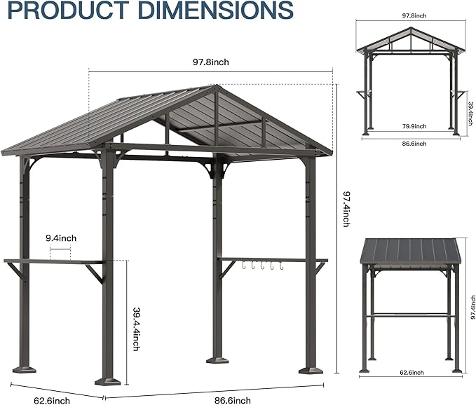 Kullavik 8' x 5' Hardtop Grill Gazebo,Outdoor BBQ Gazebo with Galvanized Steel Roof and Ceiling Hook,BBQ Pavilion with 2 Side Shelves and 5 Side Hooks for Patio Lawn Backyard Garden