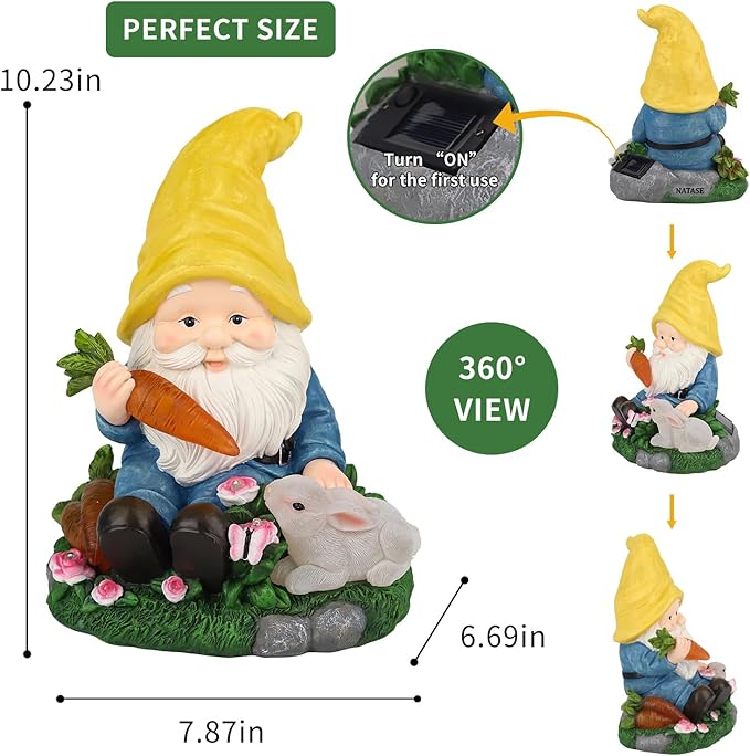 Solar Garden Outdoor Statues Gnome Feeding Rabbit with 6 LED Solar Figurine for Lawn,Patio,Balcony,Yard Decor Unique Housewarming Gift, for Grandfather, Father,Grandma