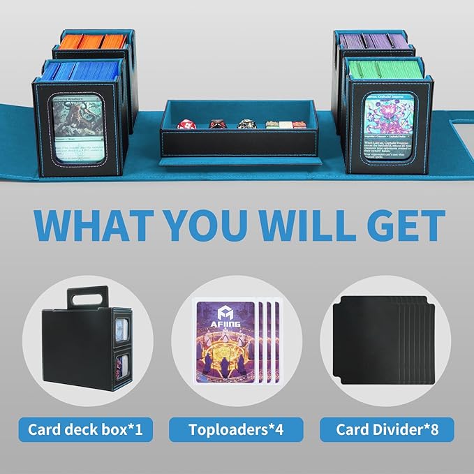 AFIING Commander Deck Box for MTG, Holds 400+ Double-Sleeved Cards, 4 Removable Deck Cases with Display Window, Dice Tray/Handle,Trading Card Storage Organizer/Dividers for TCG (Black Cyan)