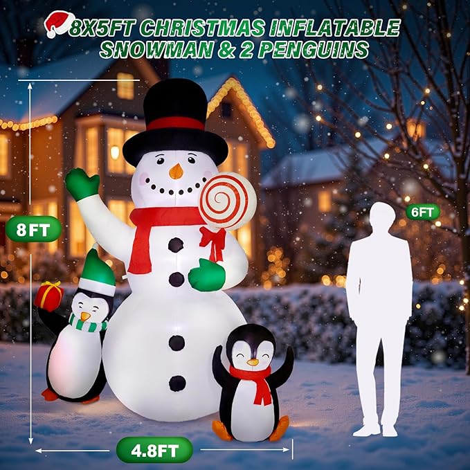 8 FT Christmas Inflatable Decorations,Outdoor Snowman with Penguins Blow Up Decorations, Patio Lawn Xmas Decor with Poweful Blower Built-in Bright LED Lights for Indoor Outdoor,Lawn,New Year Gifts