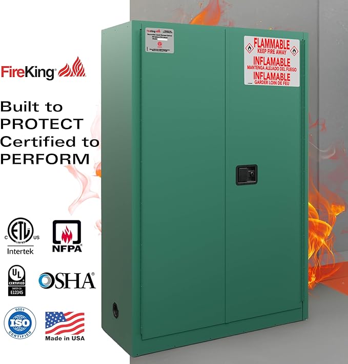 FireKing Green Flammable Safety Cabinet, Pesticides Flammable Storage Cabinet, 45 Gallon Steel Safety Cabinets with Manual Door for Commercial, Industrial & Home Use, 43" x 18" x 65"