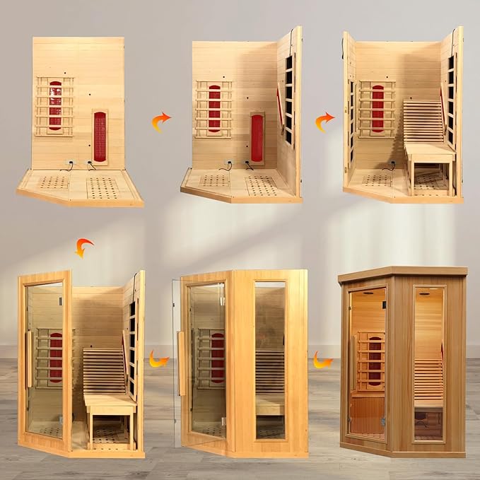 Smartmak Far Infrared Sauna Room with Recliner, 1 Person Indoor Canadian Hemlock Sauna Room, Carbon Crystal Heating Panel and Heating Tubes, 7 Color Light, Oxygen Bar, Bluetooth Speaker (220V, 2300W)