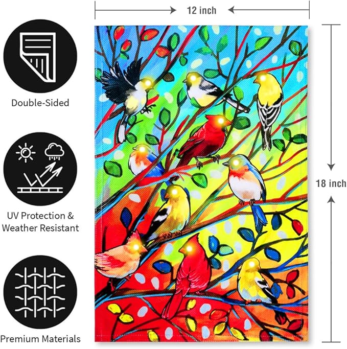 Lighted Tree Birds Garden Flags 12x18 Double Sided Solar LED Flashing Yard Flag for Lawn Outdoor Patio Decorations (Stand Not Included)