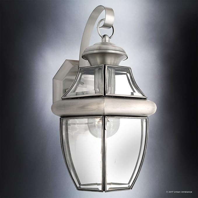 Urban Ambiance Luxury Colonial Outdoor Wall Light, Medium Size: 14" H x 8" W, with Tudor Style Elements, Versatile Design, Classy Aged Silver Finish and Beveled Glass, UQL1143
