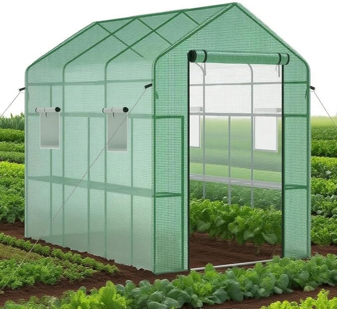 Greenhouse, 57 x 85 x 77'' Greenhouses for Outdoors, with Mesh Side Windows, PE Cover, 8 Shelves, Heavy Duty Walk in Green House for Backyard Garden Indoor, White& Green Outside