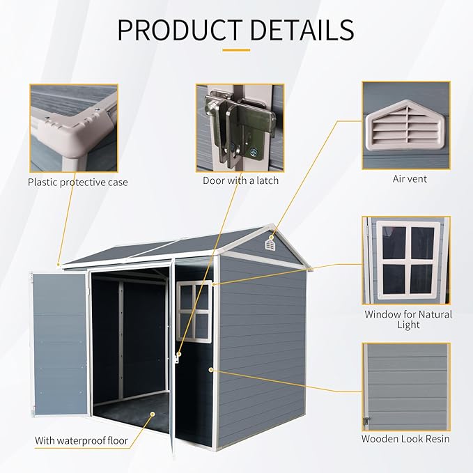 Outdoor Storage Shed with Two-Window and Double-Door, Resin Storage Shed with Lockable Door, Plastic Shed with Floor for Gargen, Patio, Yard, Lawn (Light Gray, 8 x 6 FT)