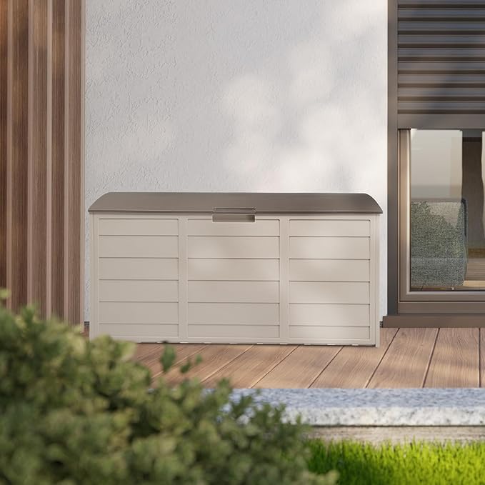 75 Gallon Resin Deck Box, Waterproof Outdoor Storage Box with Wheels, Lockable Lid and Handles, Large Deck Storage for Outdoor Gear, Patio Furniture Cushion, Gardening Tools, Brown