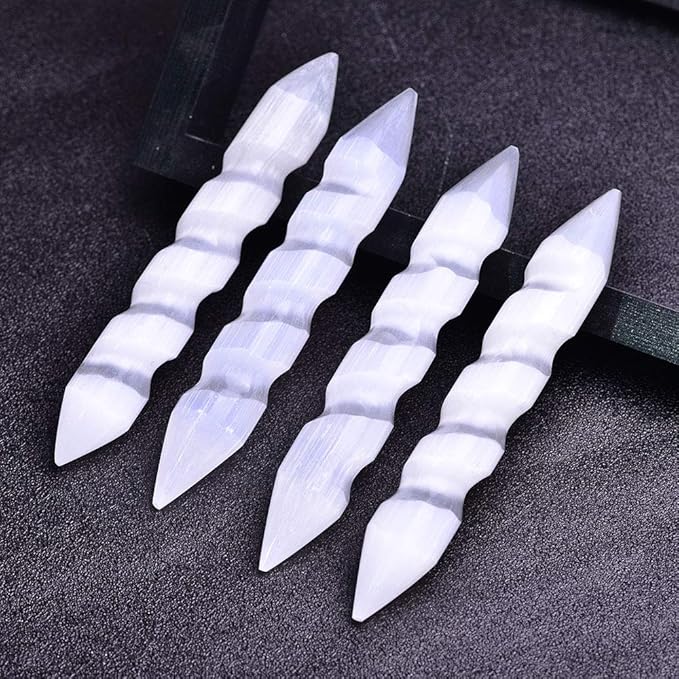 JIC Gem 4pc Selenite Spiral Wand Double Point Moroccan Selenite Crystals and Healing Stones 6-6.5 inch