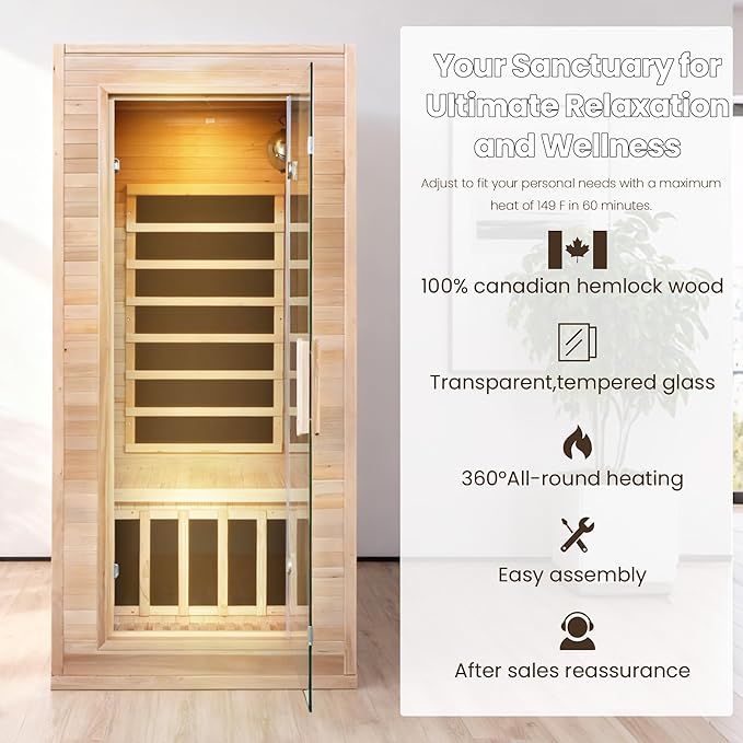 Far Infrared Sauna Home 1 Person, Sauna Spa Room Canadian Hemlock Wood 1340W 120V Low EMF with 7-Color Light Therapy, Control Panel, Bluetooth Speakers, Dual Tempered Glass Door