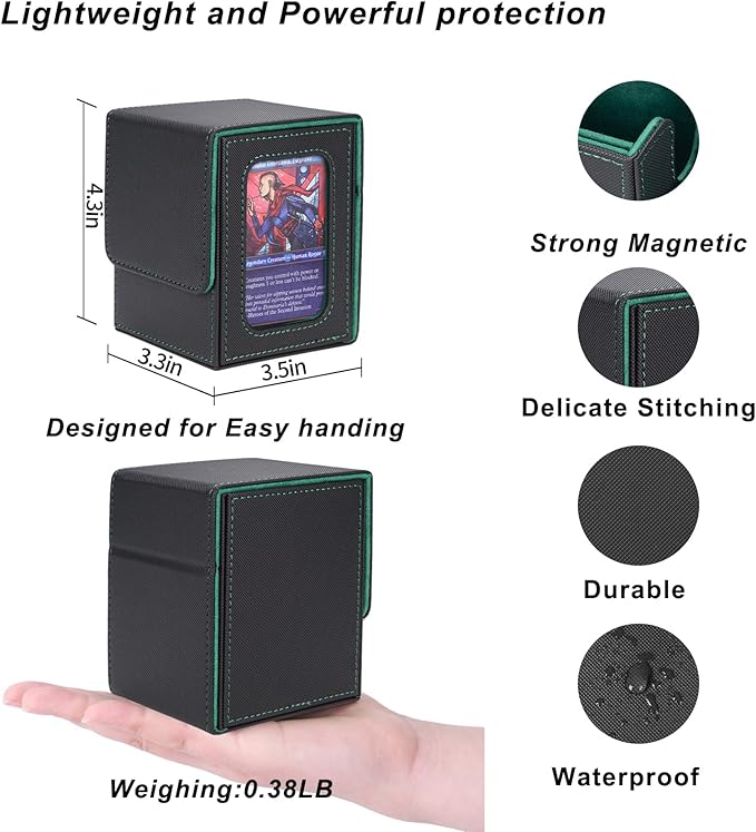 AFIING MTG Deck Box for Commander Display,Card Deck Box Fits 100 Double Sleeved Cards,Magic Commander TCG Card Storage Box with 2 Dividers,Dice Bag and Toploader Black Green