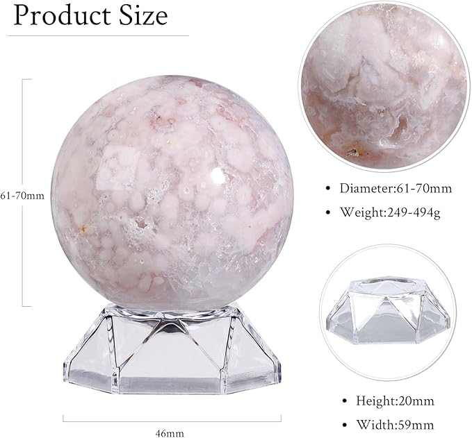 Natural Cherry Blossom Agate Crystal Ball with Acrylic Display Base, 61-70mm Polished Stone Feng Shui Crystal Sphere Meditation Decoration for Home & Office