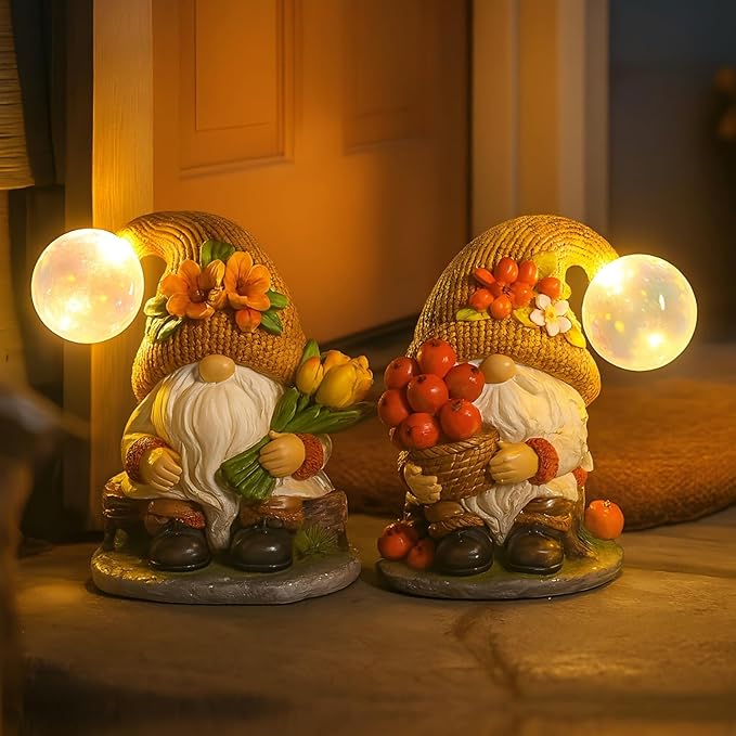 Bdor Fall Gnomes Garden Decor 7 Inch – Harvest Gnome Statue with LED Crackle Globe Lights, Autumn Yard Ornaments for Thanksgiving, Outdoor Lawn, Porch, Patio, Garden Decorations