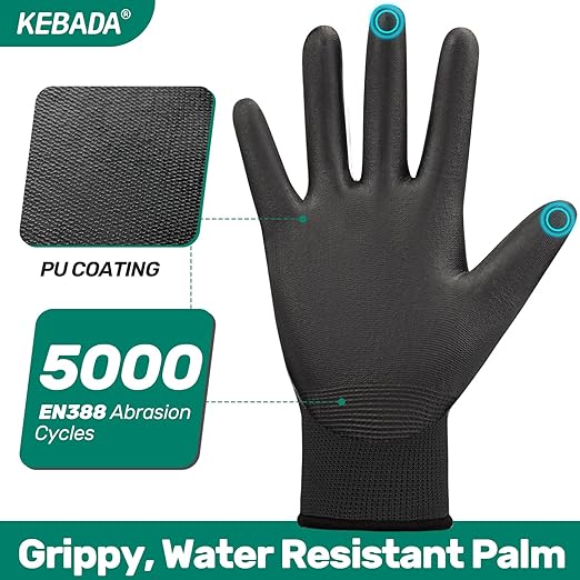 Kebada Safety Work Gloves,120 Pairs Bulk Pack, Touchscreen, PU Coated, Ideal for Warehouse, Construction, Gardening and Mechanics, Black, Small