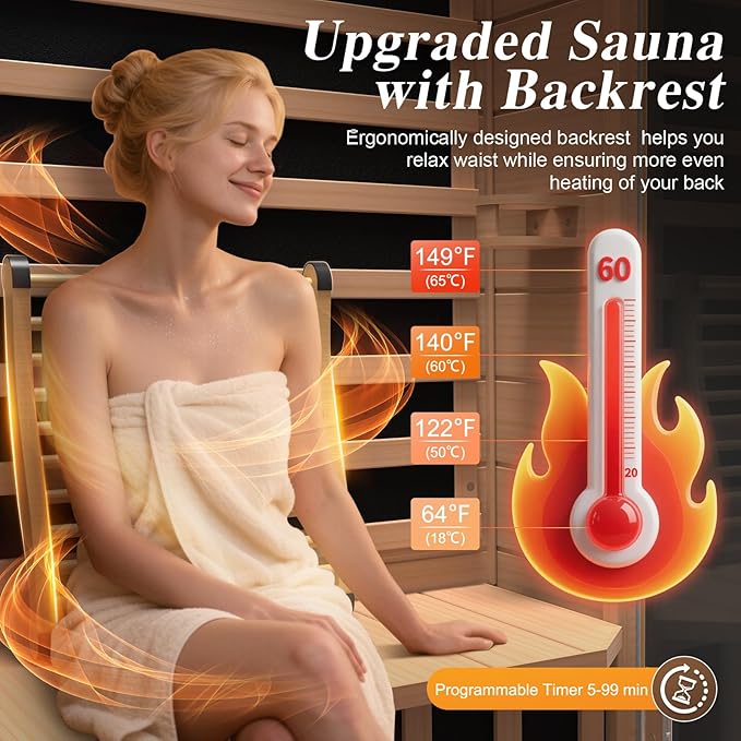 Upgraded 1 Person Sauna Infrared Sauna with Backrest, Hemlock Dry Sauna Indoor Wood Sauna for Home, 1062W 110V Low EMF Far Infrared Sauna with Integrated Speakers, Reading Lamp (Brown)