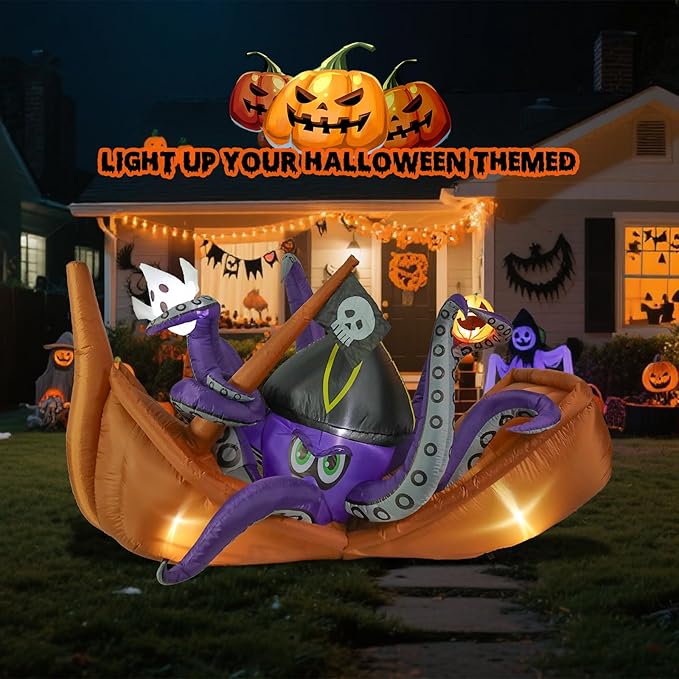 VCUTEKA 7FT Halloween Inflatable Octopus Pirate Ship Pumpkin Ghosts Outdoor Decoration, Blow Up Decor with LED Lights for Holiday Party Inflatables Indoor Home Garden Lawn Yard Decorations