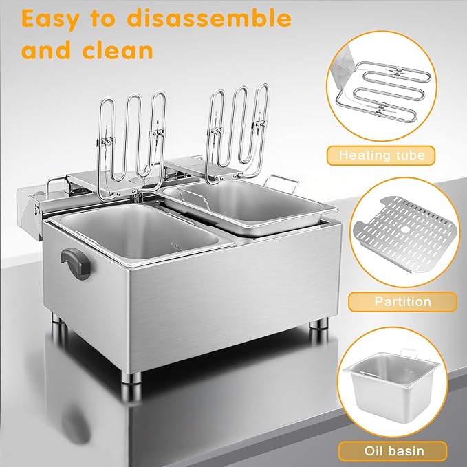 Mvegoiuok Commercial Double Deep Fryer With 2 Basket large deep fryer 3600W Electric Oil Fryer Pot for Home Use 25QT Fish Fryer With Oil Filtration Stainless Steel Frier