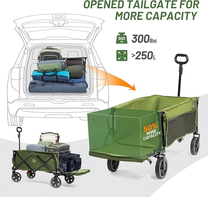 TIMBER RIDGE 49" Extra Long Collapsible Folding Wagon with Tailgate and Brakes, 300lbs Heavy Duty Wagon Carts Foldable, 250L Capacity Portable Cart for Dogs, Garden, Outdoor Camping Sports, Green