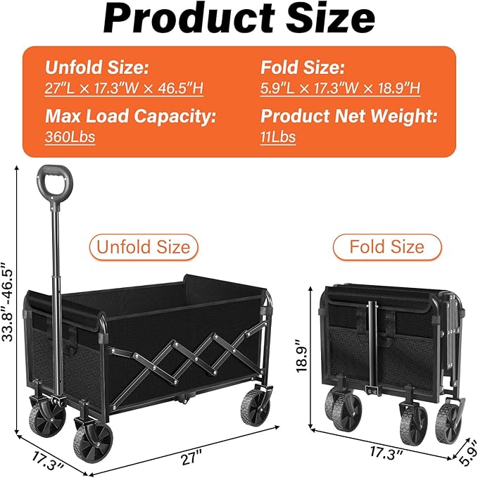 Wagons Carts Foldable - 360Lbs Collapsible Wagon Cart with Wheels Portable - Folding Wagon Lightweight for Camping, Sports, Travel, Picnic, Groceries, Shopping