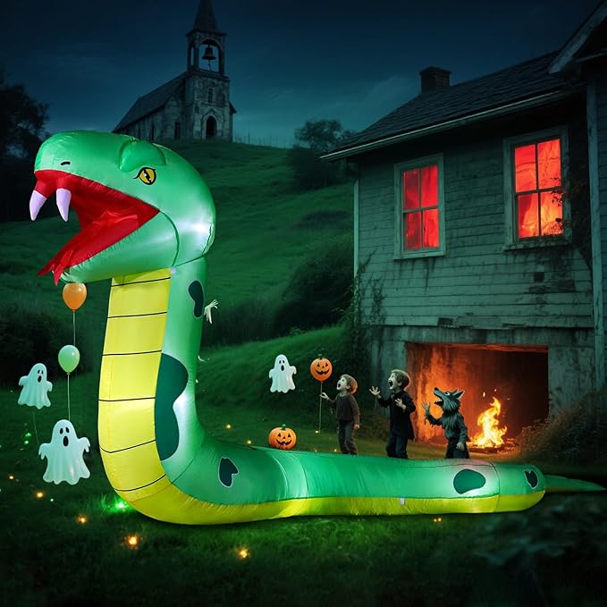 DomKom 13FT Halloween Inflatable Blow Up Decorations, Giant Snake, Built-in LEDs for Holiday Party, Garden, Lawn, Yard, Patio Décor