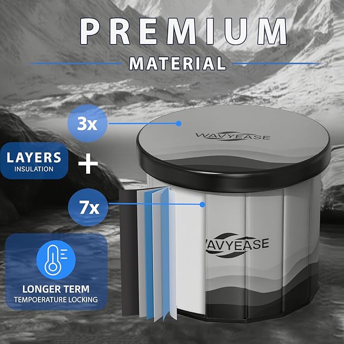 WAVYEASE Upgraded Portable Cold Plunge Tub for Athletes & Adults | 100 GAL Foldable Ice Bath with Insulative Cover | Instant Setup for Indoor & Outdoor Recovery (Grey)