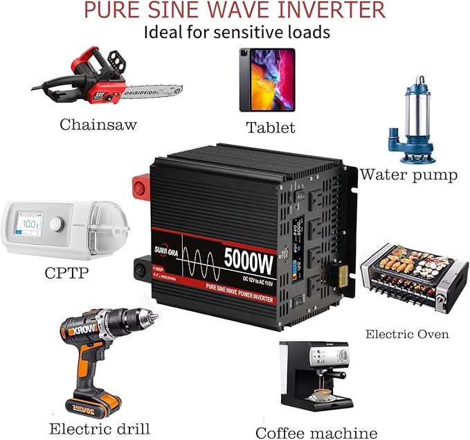 5000 Watt Pure Sine Wave Power Inverter with LCD 12V DC to 110V/120V AC Peak Power 10000W Car Power Inverter with 4 AC Outlets & 1 USB Port & Remote Control for Truck RV Car Solar System