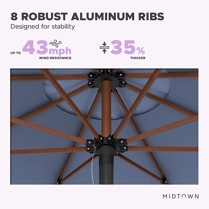 Midtown Umbrellas The Wooden 8 Feet Patio Umbrella With Terylast Light Navy Polyester Fabric - Aluminum Frame Market Umbrella For Backyard, Deck, Garden, Pool - Wooden Pole