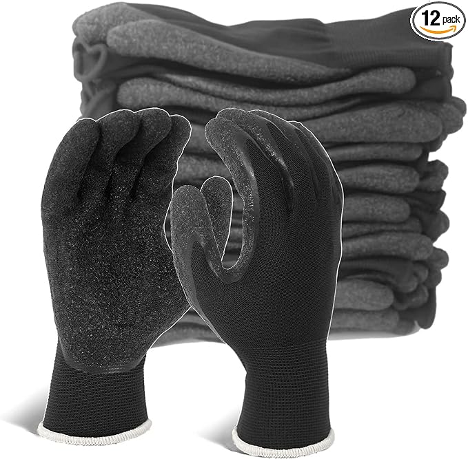 Evridwear Crinkle Latex Rubber Hand Coated Safety Work Gloves for Men Women General Multi Use Construction Warehouse Gardening Assembly Landscaping (L-Size) 12 Pairs Pack