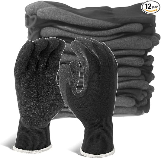Evridwear Crinkle Latex Rubber Hand Coated Safety Work Gloves for Men Women General Multi Use Construction Warehouse Gardening Assembly Landscaping (L-Size) 12 Pairs Pack