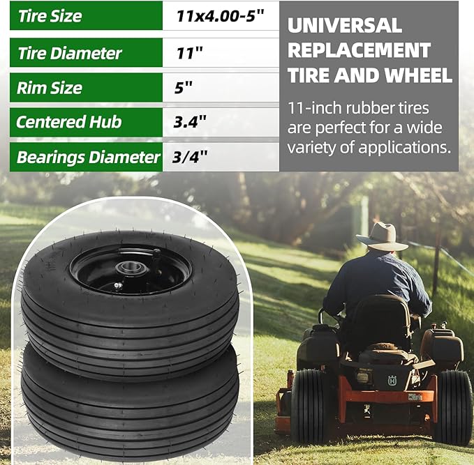 AR-PRO (2-Pack) 11x4.00-5 Tire and Wheel Assembly, 11x4-5 Lawnmower Tire (4-Ply) and Rim with Tube, 3.4” Centered Hub with 3/4” Bearings, Universal Lawn Mower/Yard Tractor Turf Tires