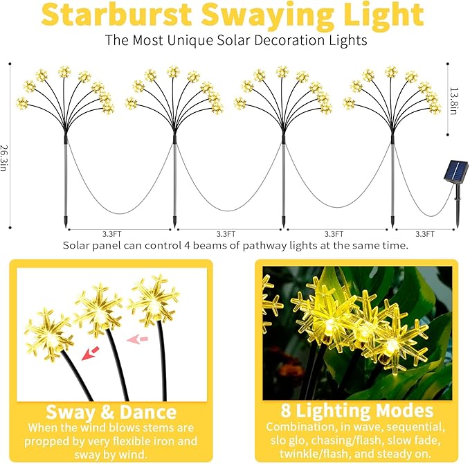 Set of 4 Snowflake Solar Christmas Decorations, 8 Modes Swaying Garden Lights, Outdoor Pathway Solar Christmas Stake Lights, Upgraded Base on Firefly Light for Lawn Decor (Warm White)
